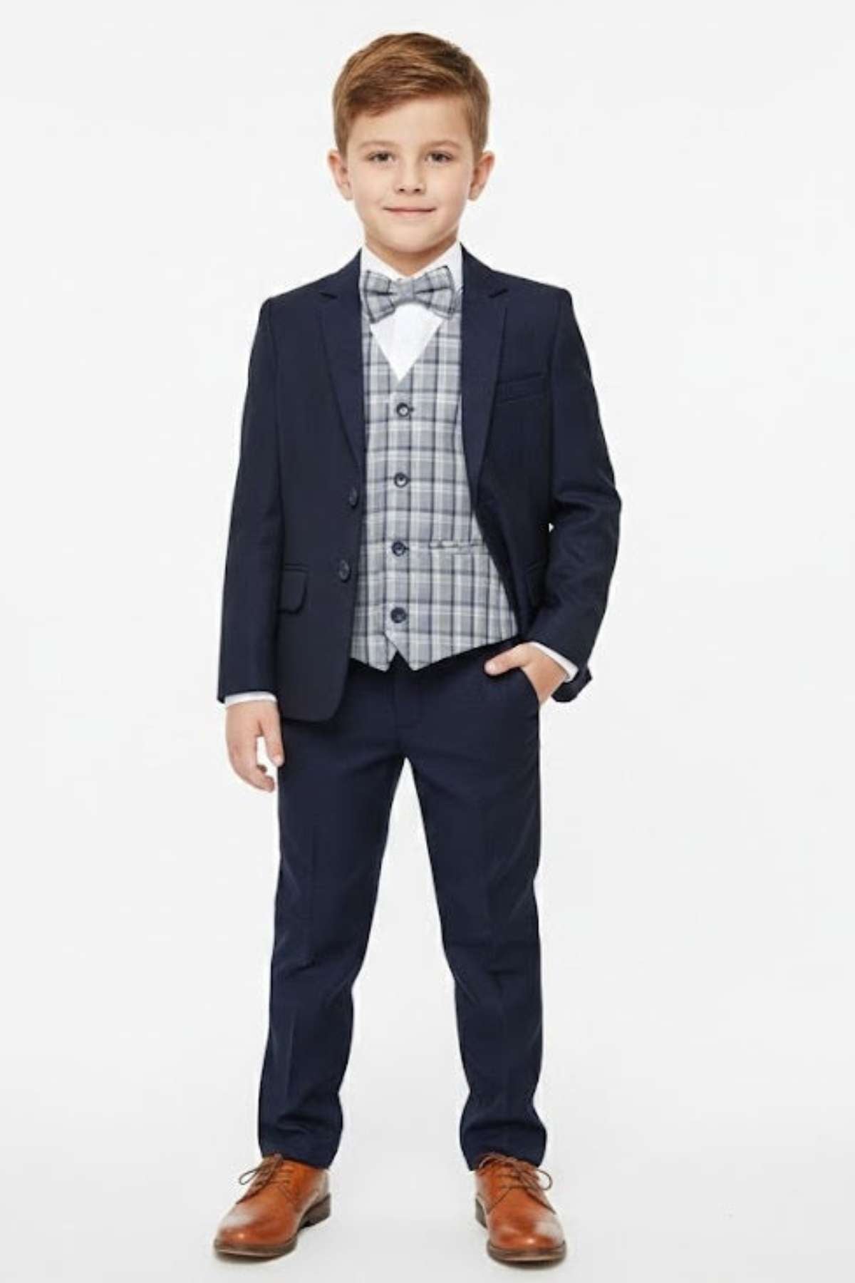STANDAR Enzo Boy's 3 Piece Navy Suit NAVY DOT front view