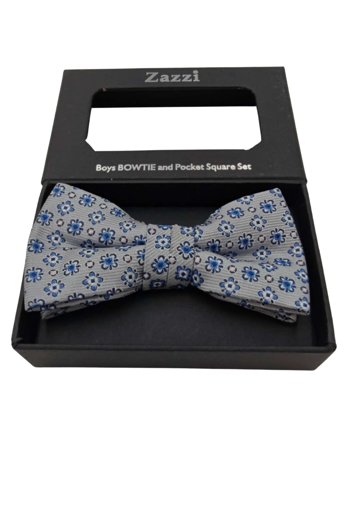 Boys Silver/Blue/Pink Bow & Pocket Square-Box Opened View