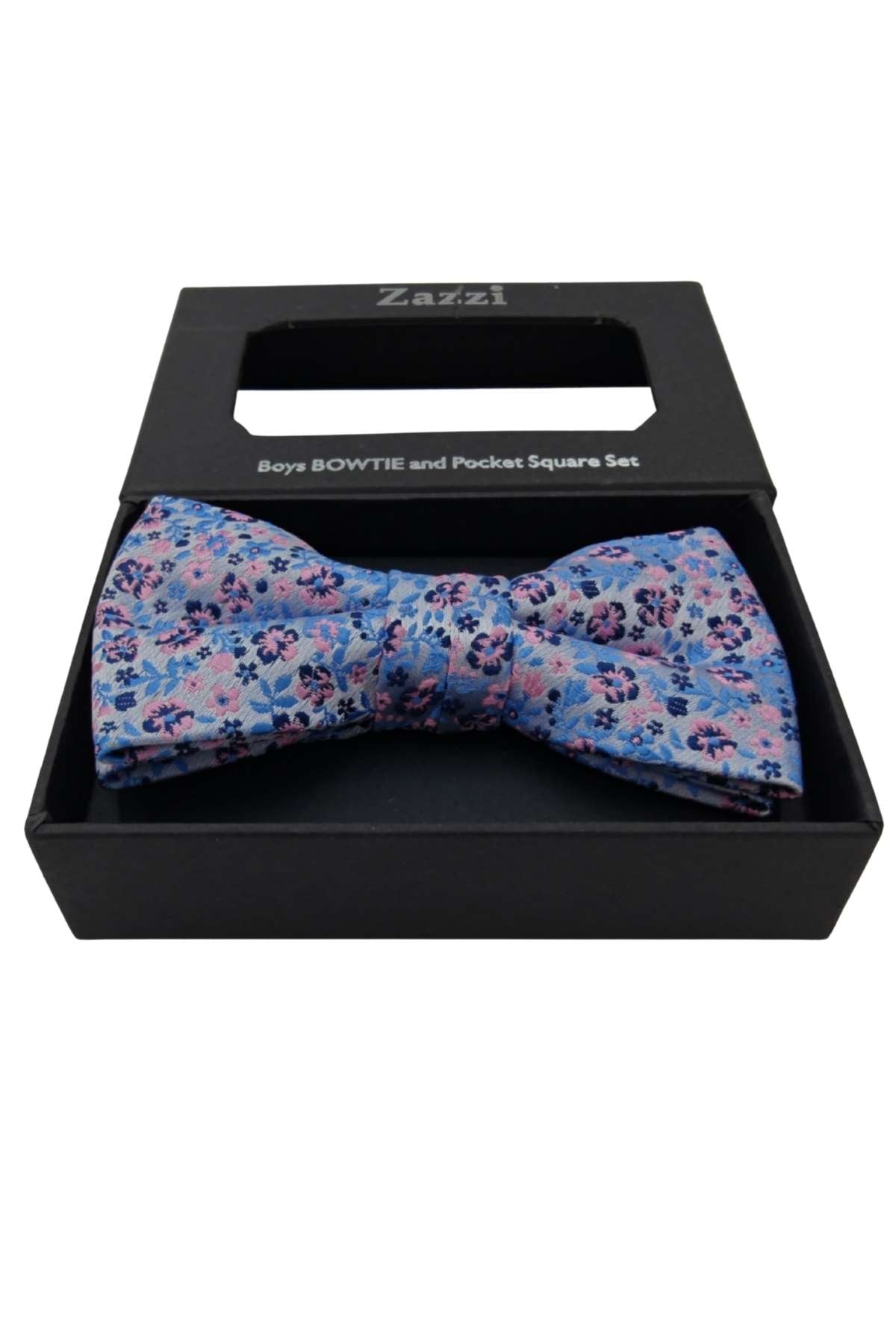 Floral bow tie and pocket square set in a Zara packaging box on a white background
