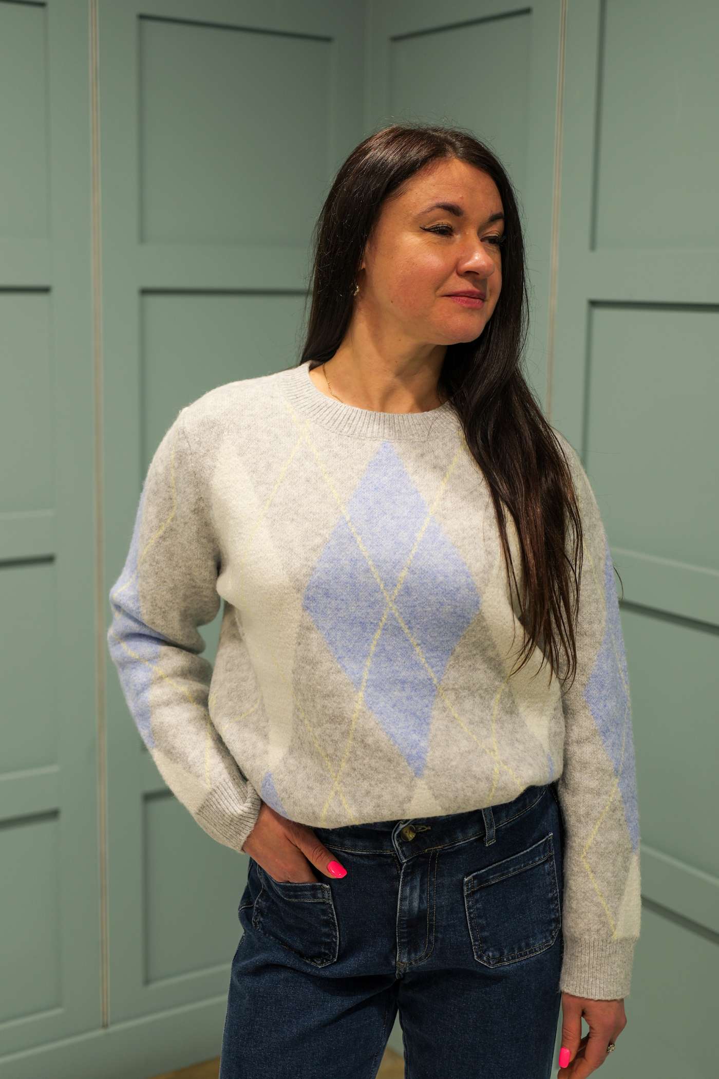 Ladies Jacquard Grey Knit Sweater With Argyle Pattern-Model Front Vew