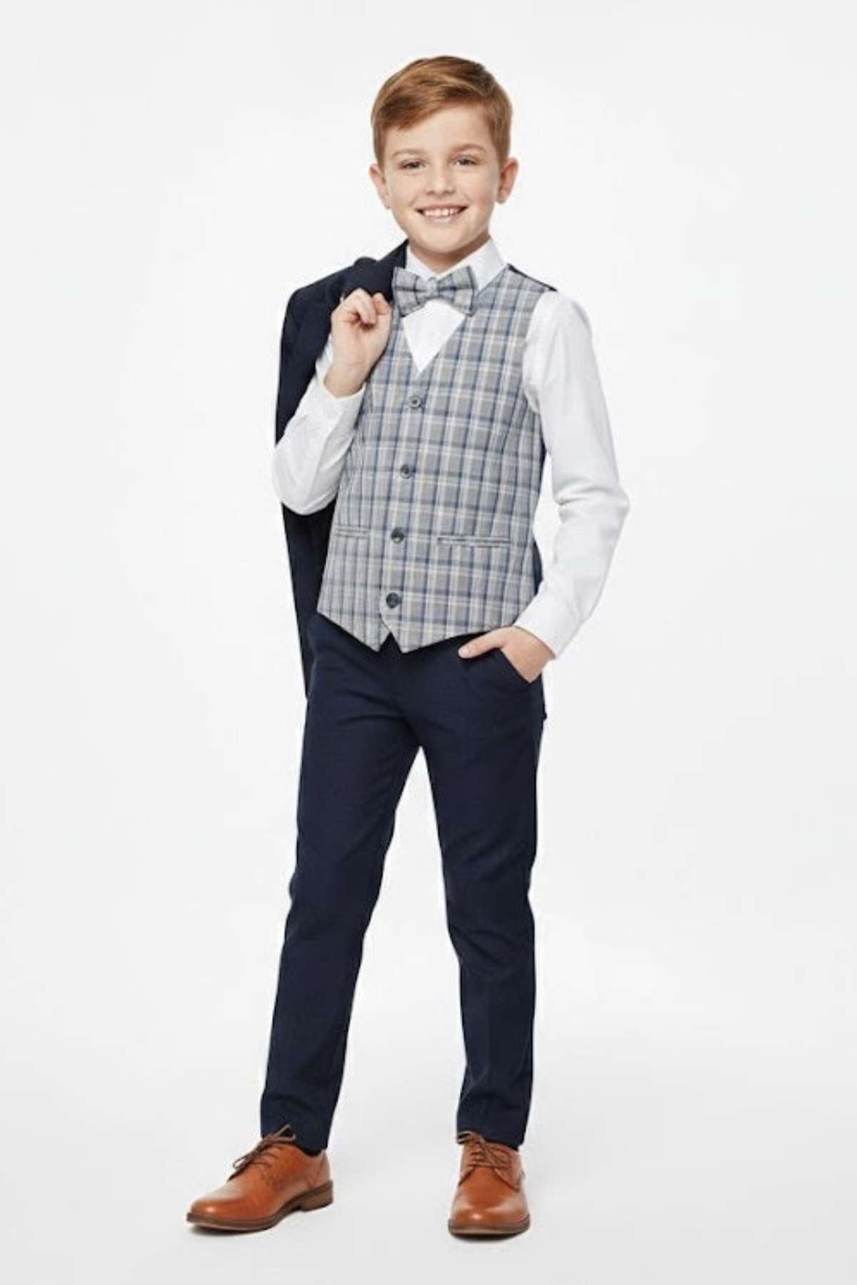 STANDAR Enzo Boy's 3 Piece Navy Suit NAVY DOT model front view