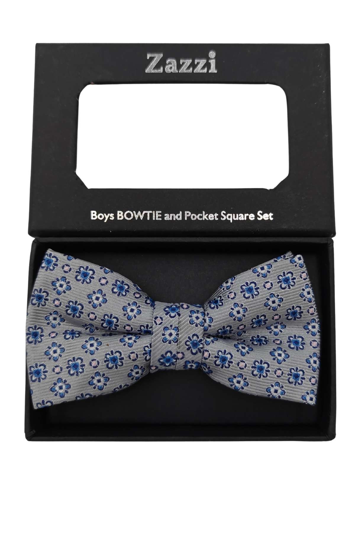 Boys Silver/Blue/Pink Bow & Pocket Square-Close Up View