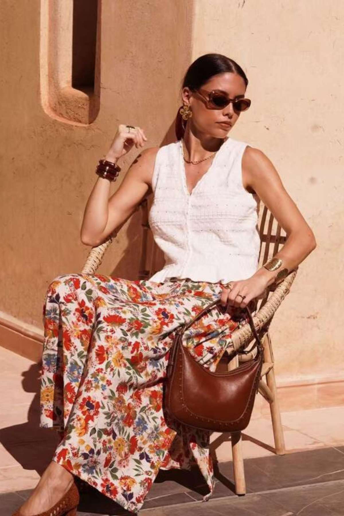 Ladies White Embroidered V-Neck Ruffle Top-Model Front View