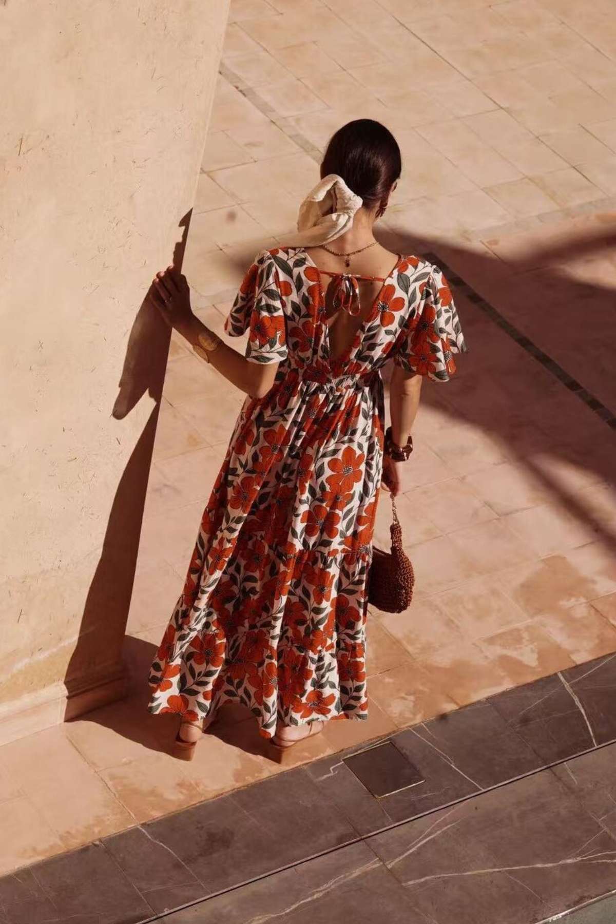 Paris Fashion Maxi Red Floral Print Dress RED model front view