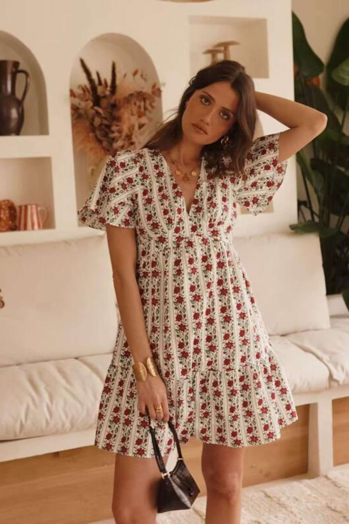 Ladies Floral Mini Dress-Model Front View