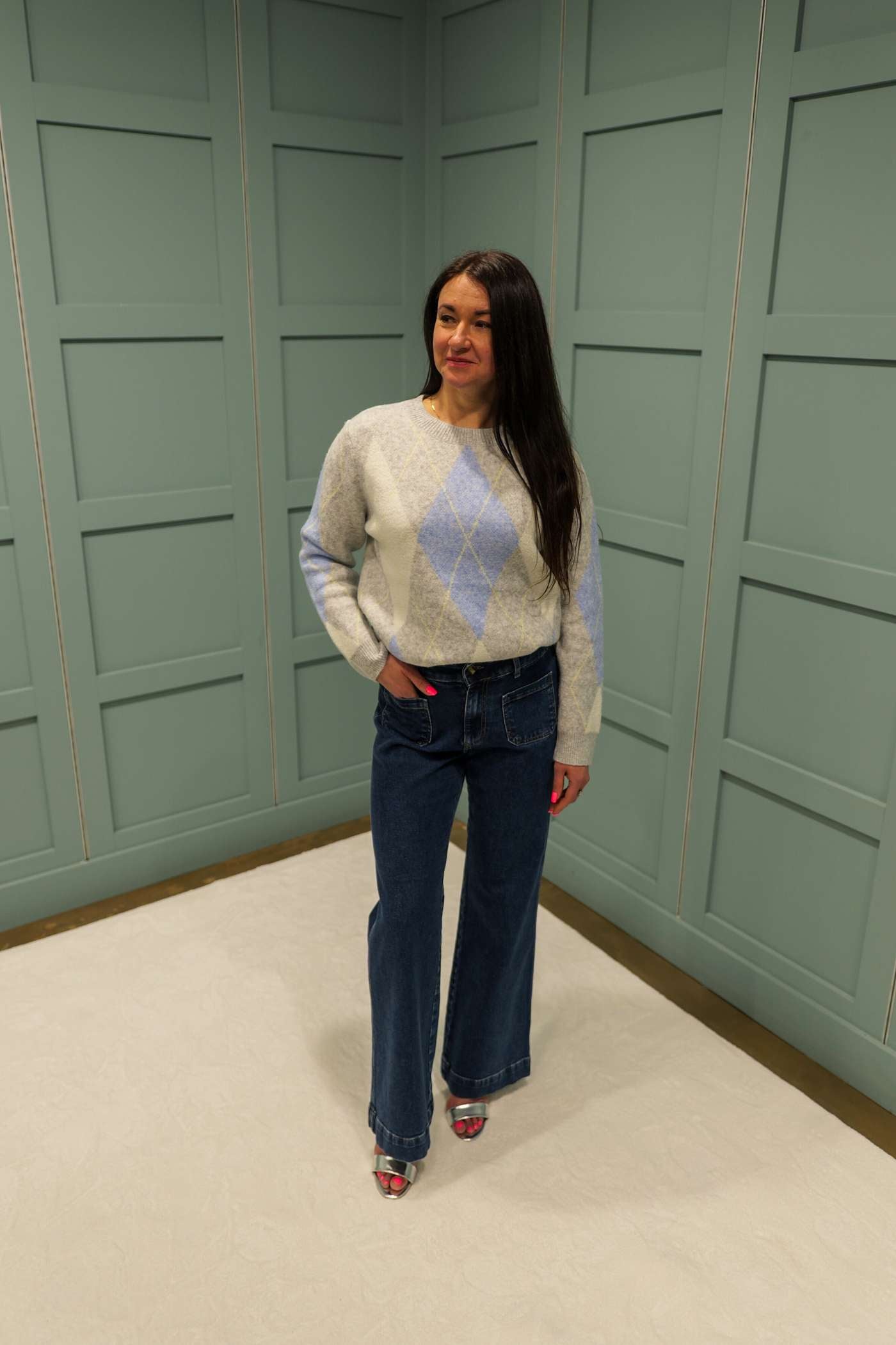 Ladies Jacquard Grey Knit Sweater With Argyle Pattern-Model Full Front View