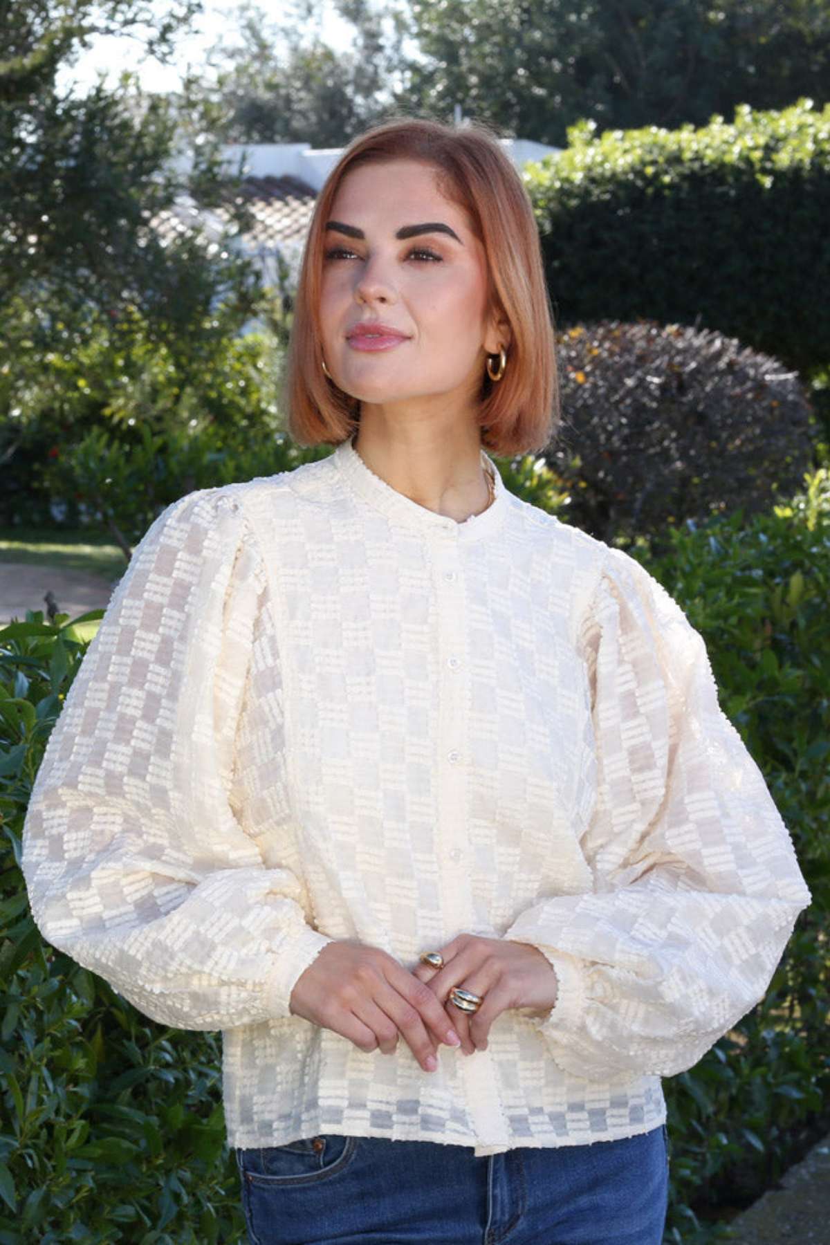 Ladies Zuri Cream Blouse-Model Front View