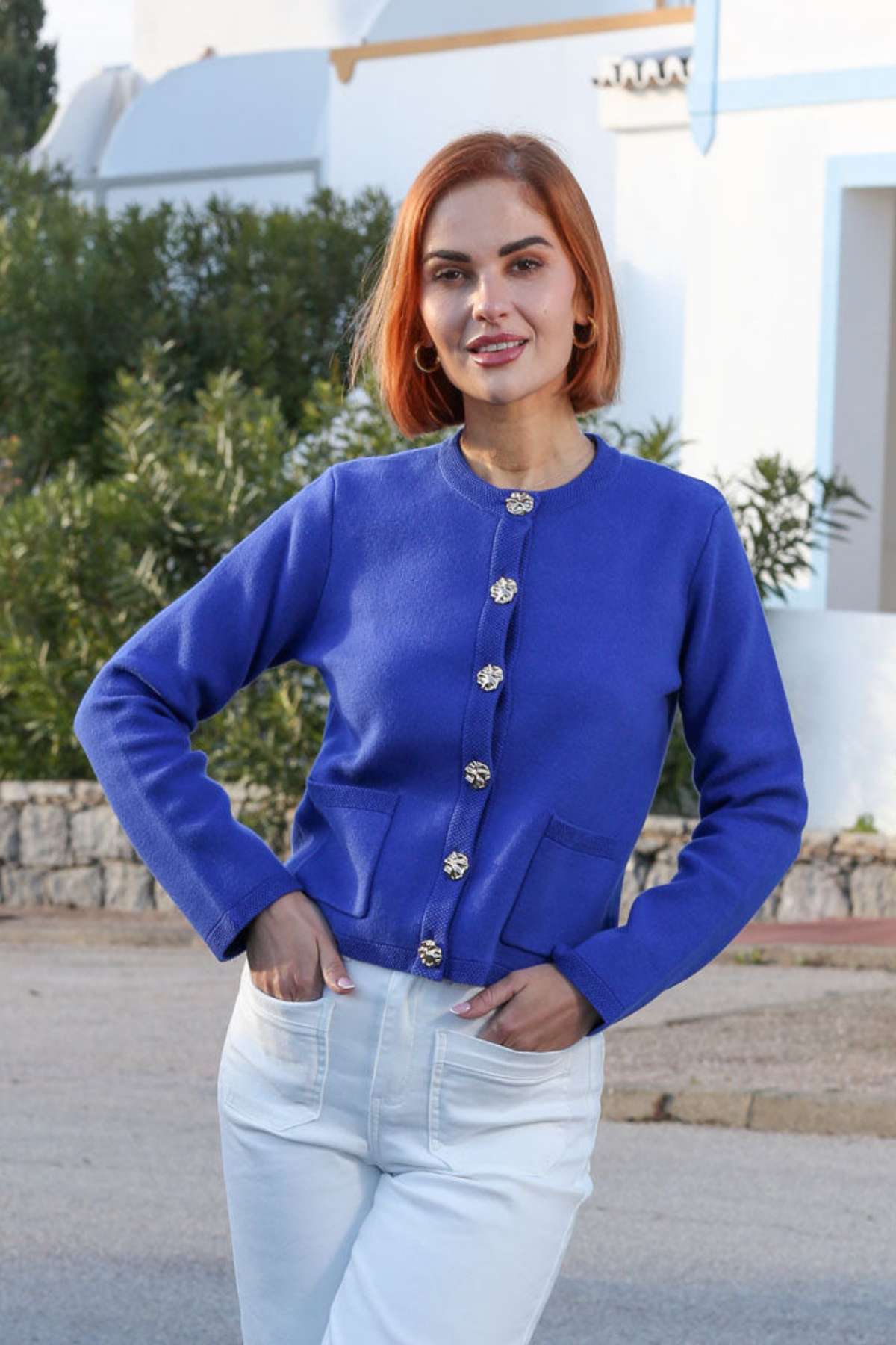 Ladies Chantelle Blue Cardigan-Model Front View