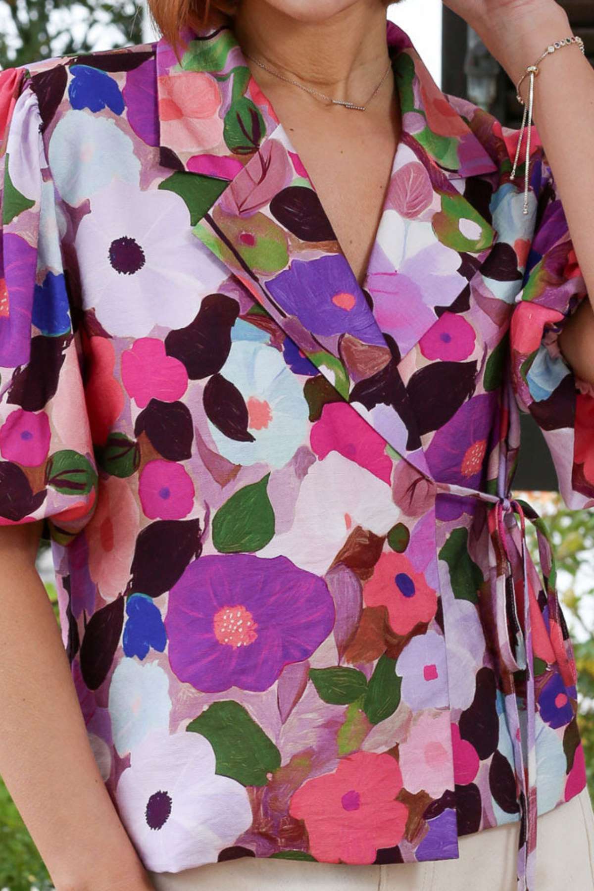 Ladies Morgan Pink Wrap Top-Close Up View