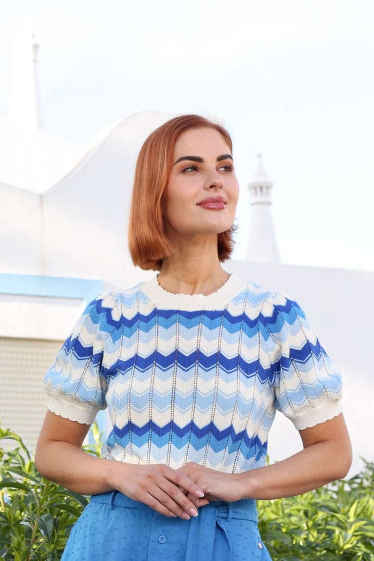 Ladies Mavis Blue Jumper-Closer View of the Front