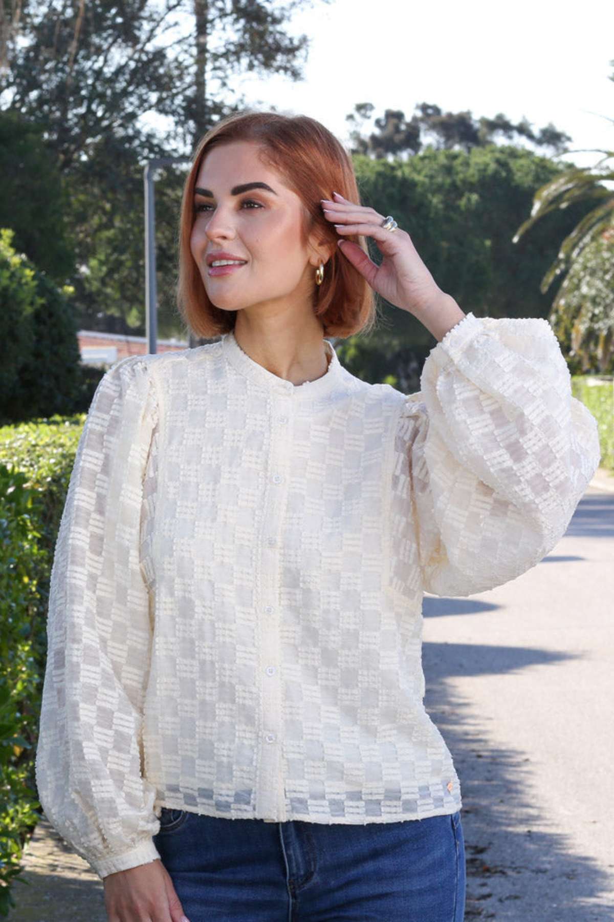 Ladies Zuri Cream Blouse-Model Front View 2