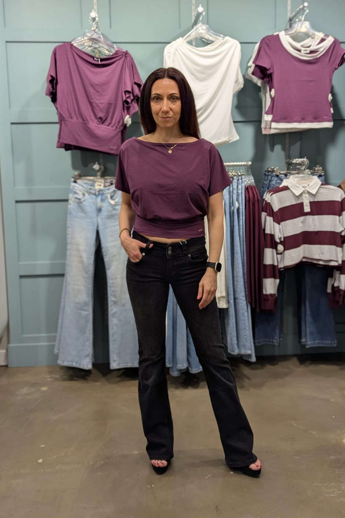 Olivia in the Purple Boat Neck Top-Full Front View