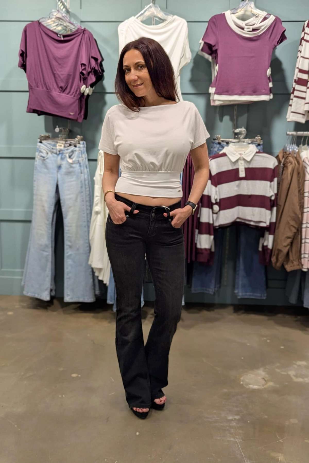 Olivia in the White Boat Neck Top-Full Front View