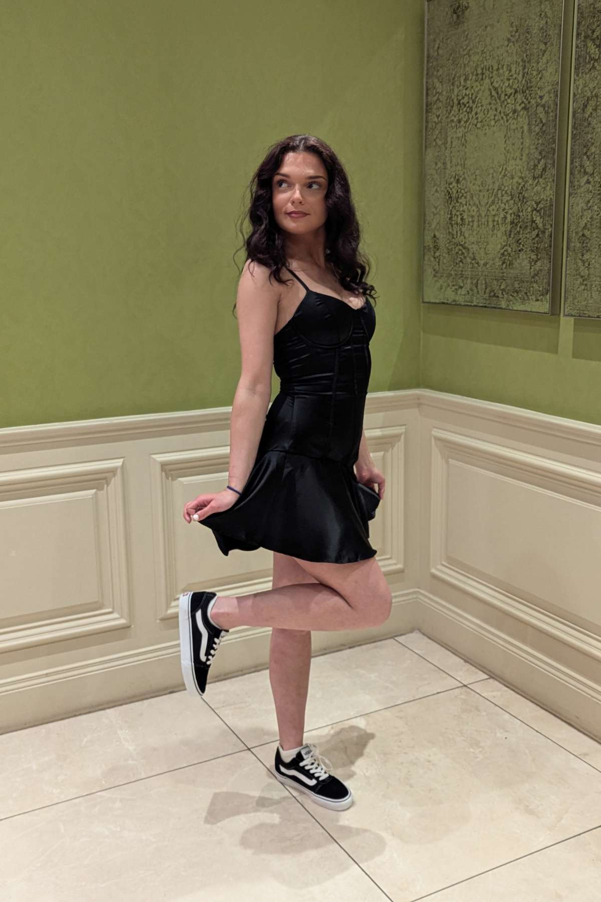 Laura in Black Satin Mini Dress