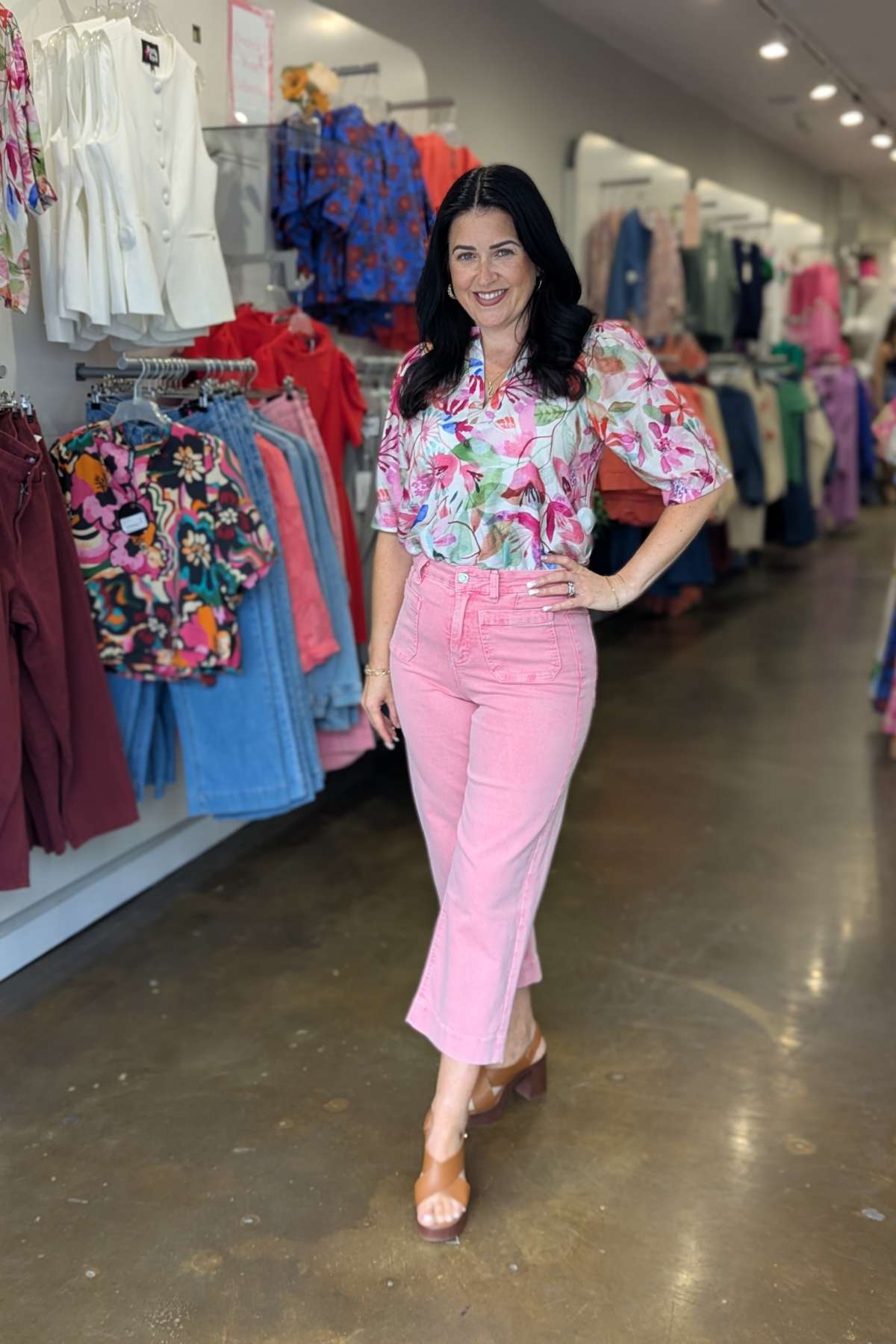 Tina in the Laine Crop Wide Leg Pink Ice Jeans