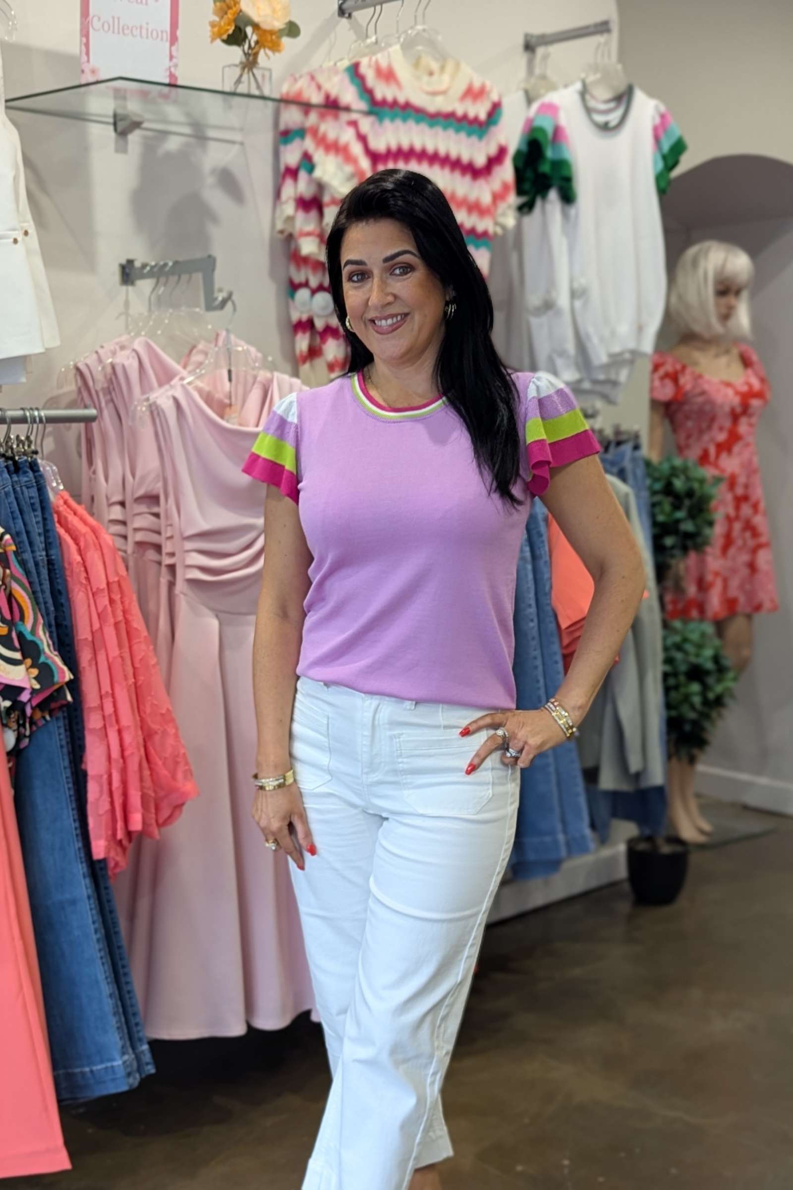 Tina in the Renee Orchid Knit Top