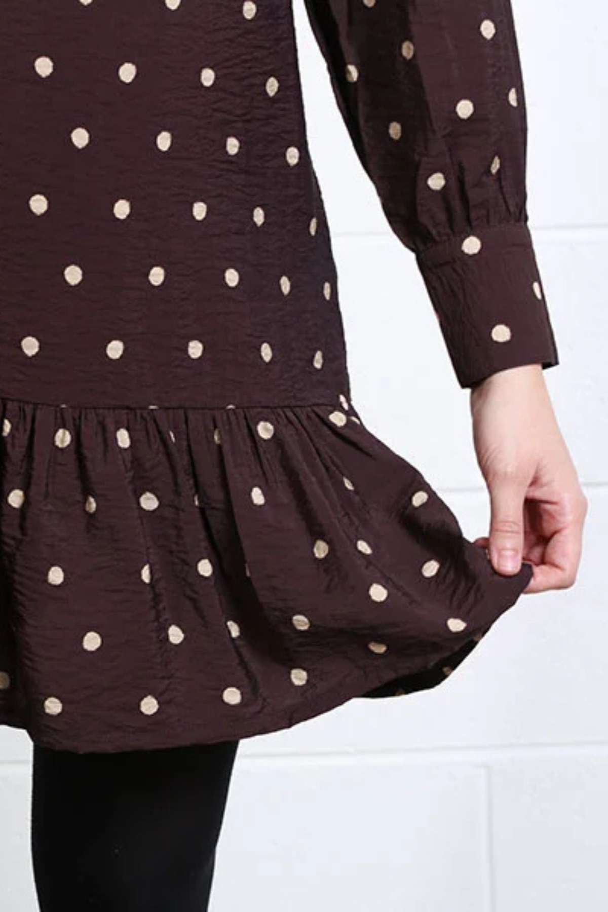 Ladies Annabelle Brown Dot Mini Dress-Close Up View
