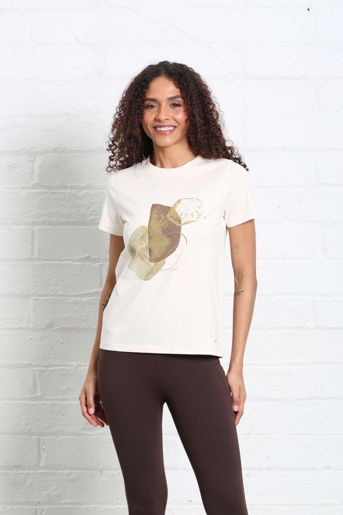 Ladies Relax & Renew Rosalie Cream Tee-Closer View of the Tee