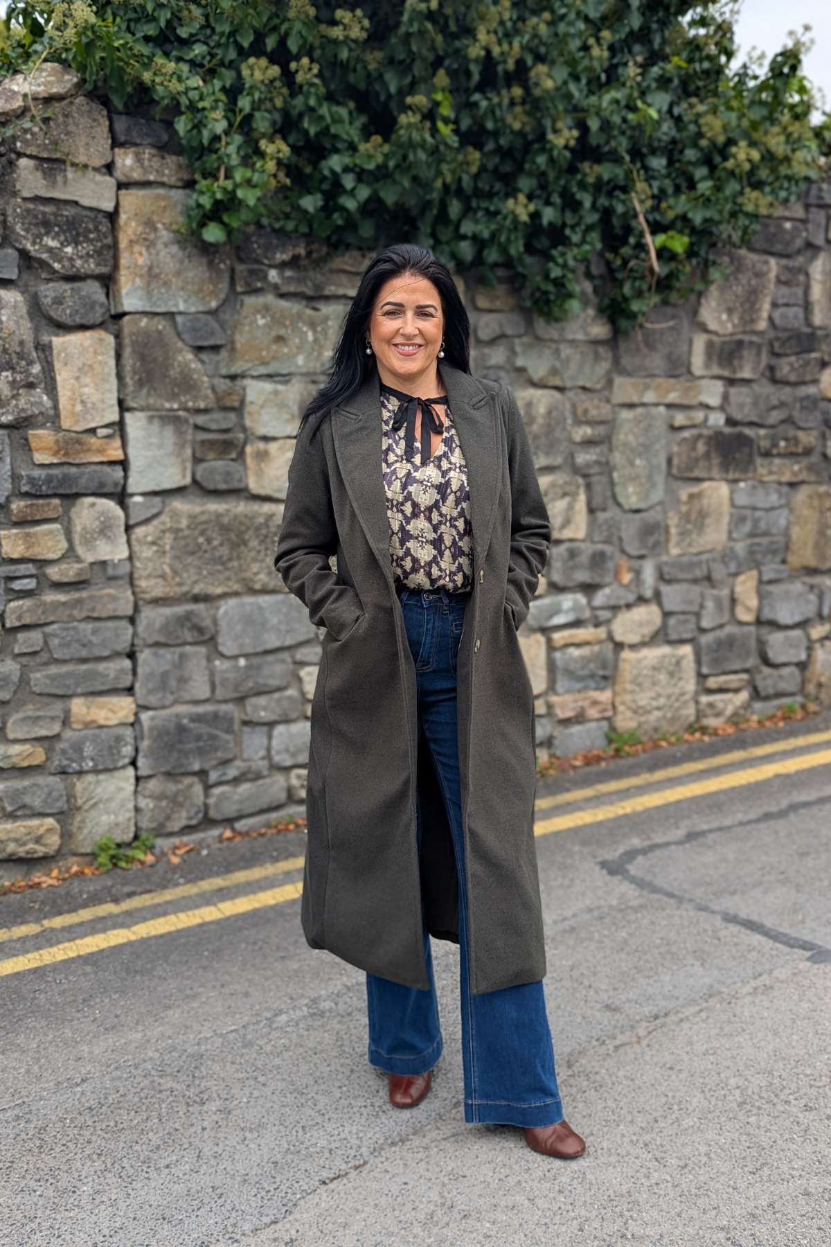 Tina in the Olivia Deep Moss Coat