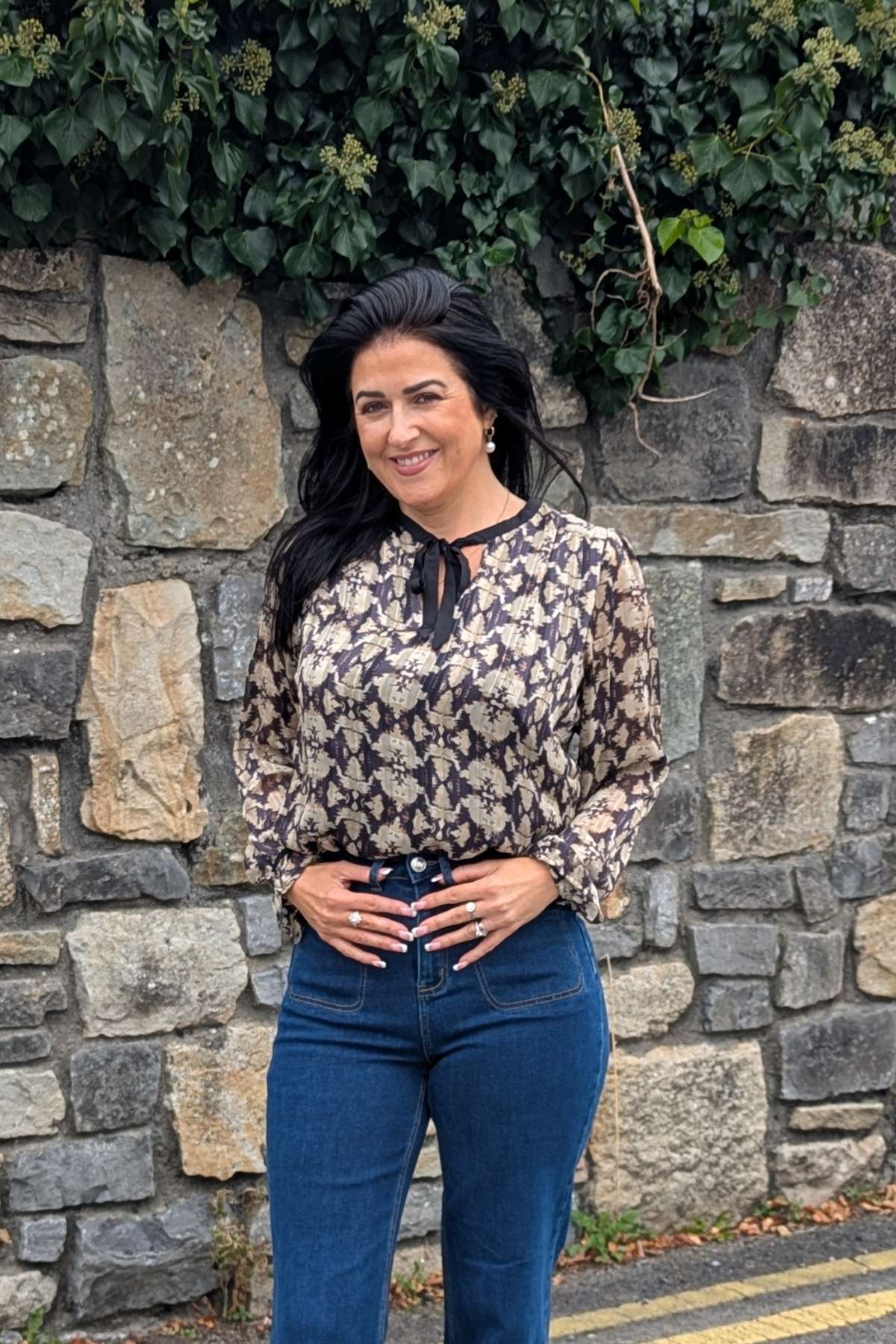 Tina in the Maria Gold Top-Front View