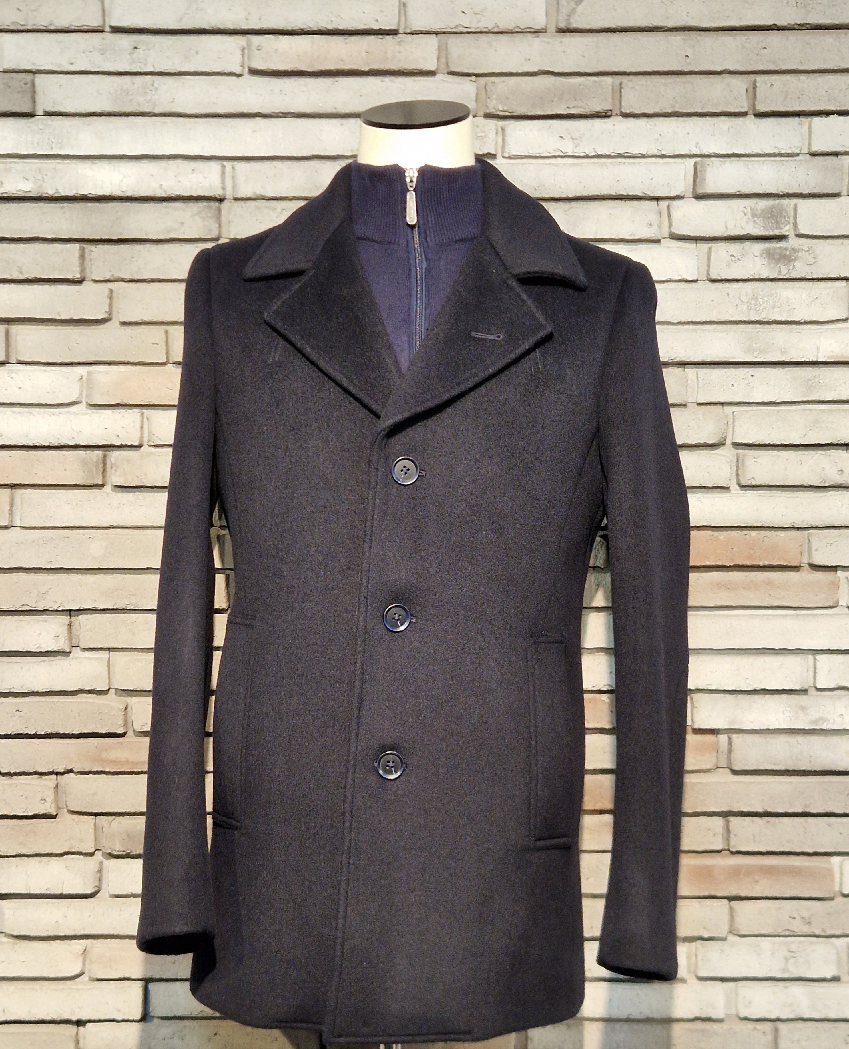 Men's Single Breasted Navy Wool Coat-Front View 2