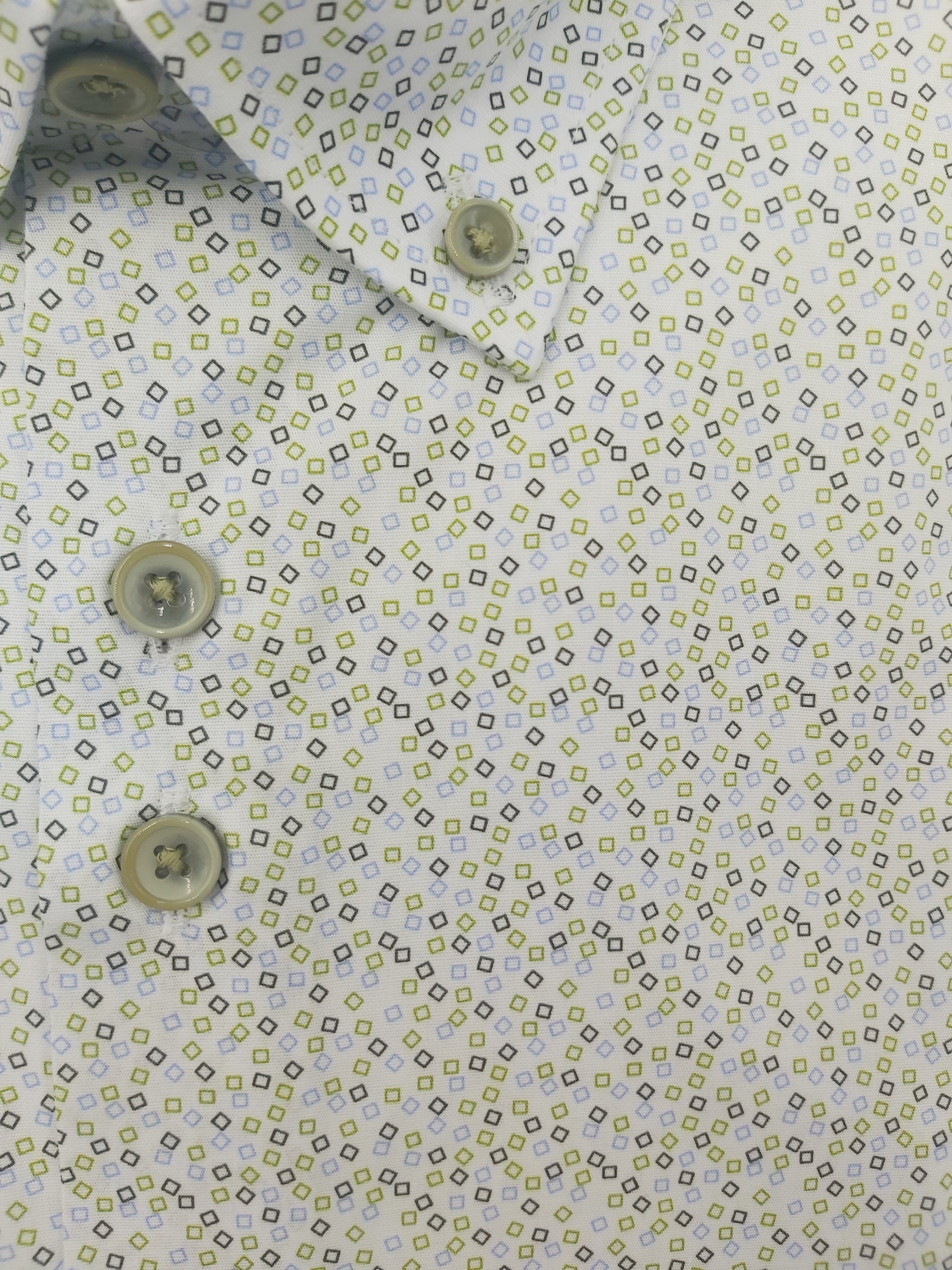 Men's Button Down Green/Blue Square Print Shirt-Close Up View
