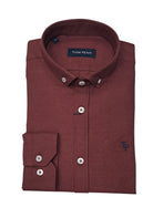 Folded front view of the Tom Penn Wine Oxford shirt showing the collar and chest logo