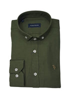Folded front view of the Tom Penn Moss Oxford shirt showing the collar and chest logo