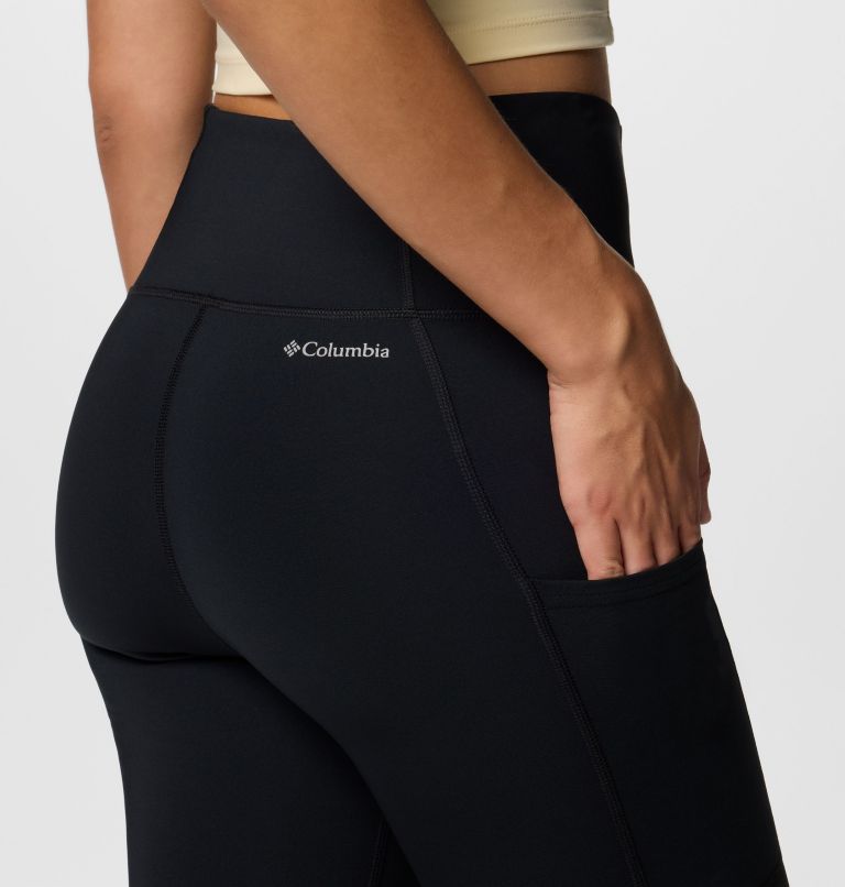Black leggings with Columbia logo on a plain background