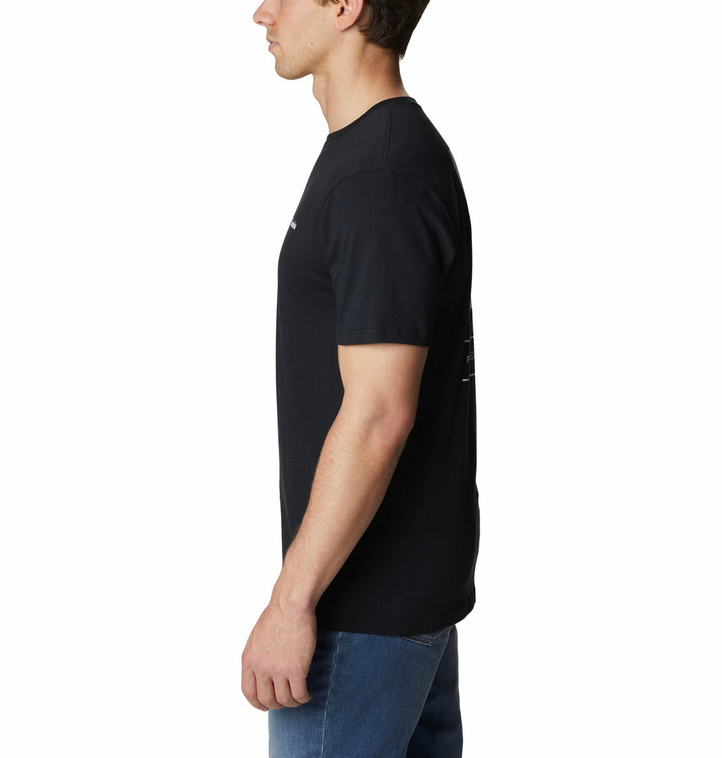 Person wearing a black t-shirt on a white background