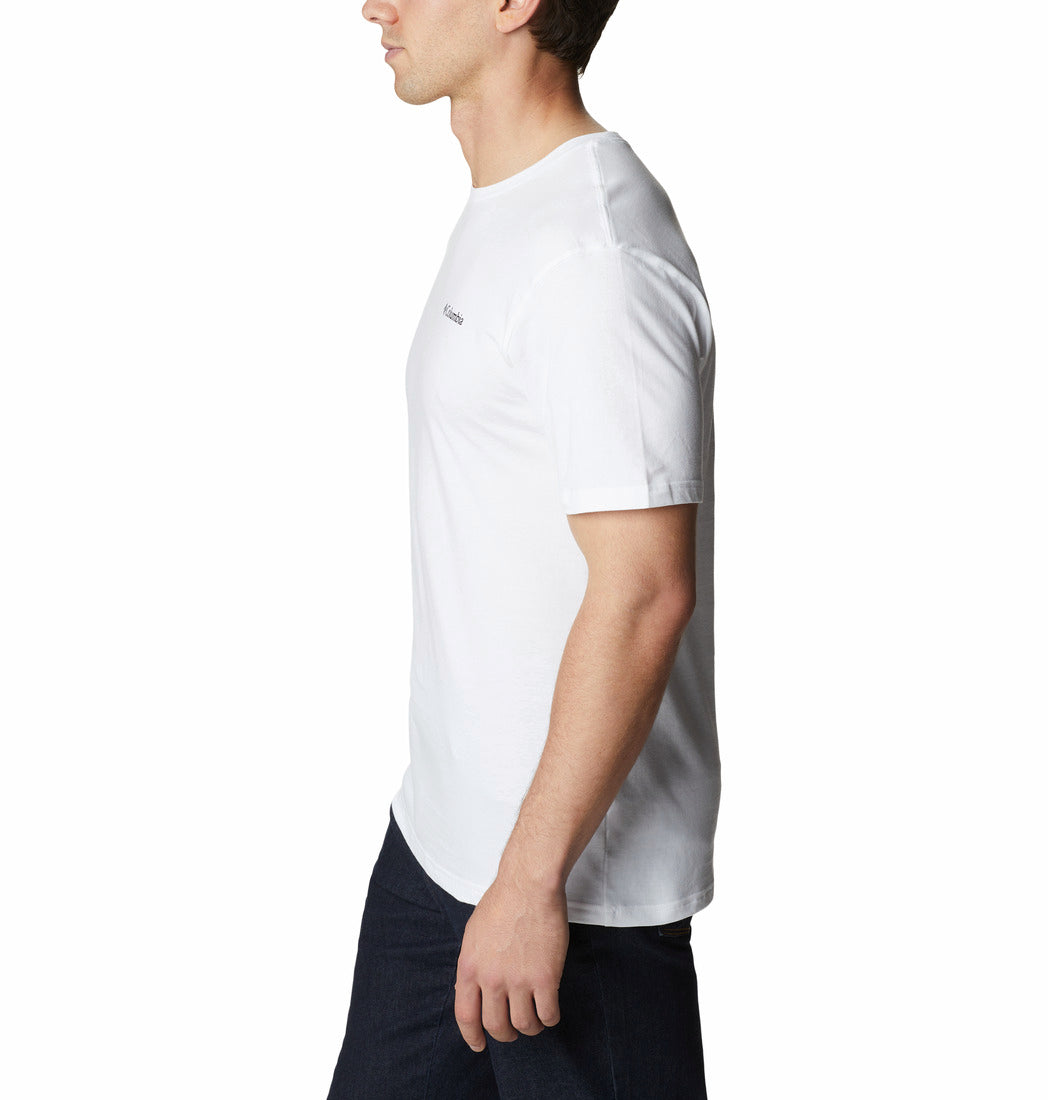 Person wearing a white t-shirt with a brand logo on a white background