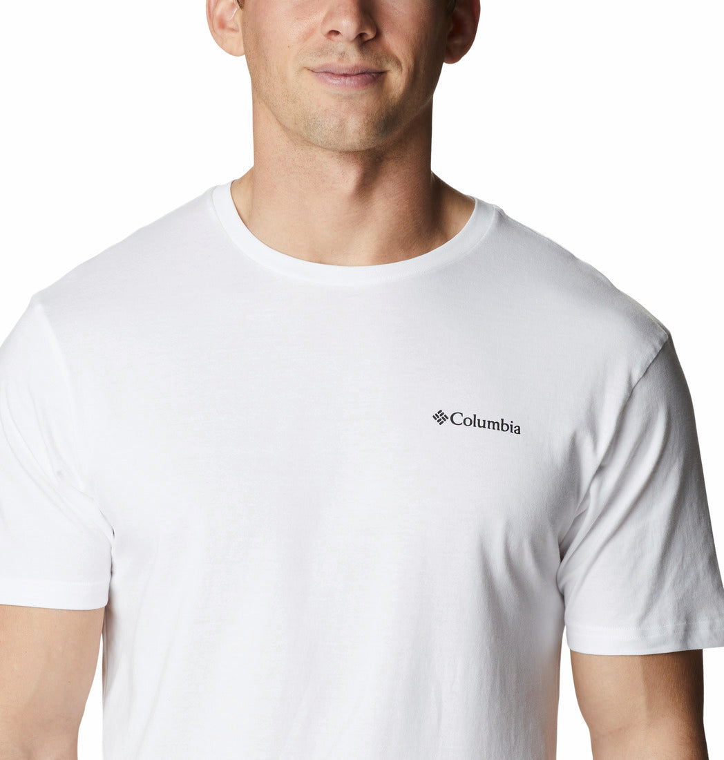 Man wearing a white Columbia t-shirt on a white background