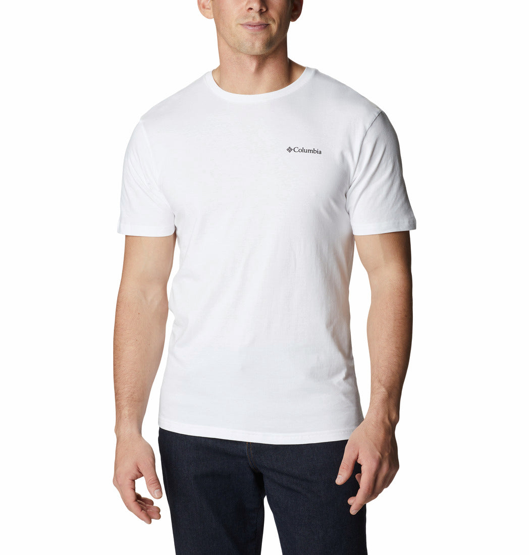 Man wearing a white t-shirt with a brand logo on a white background