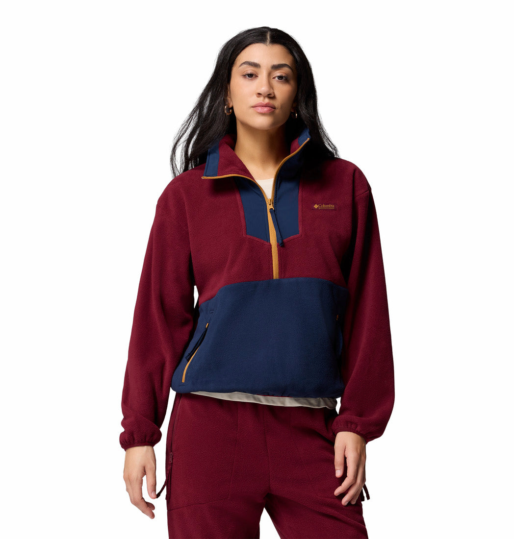 Person wearing a maroon and navy pullover with Columbia logo on a white background