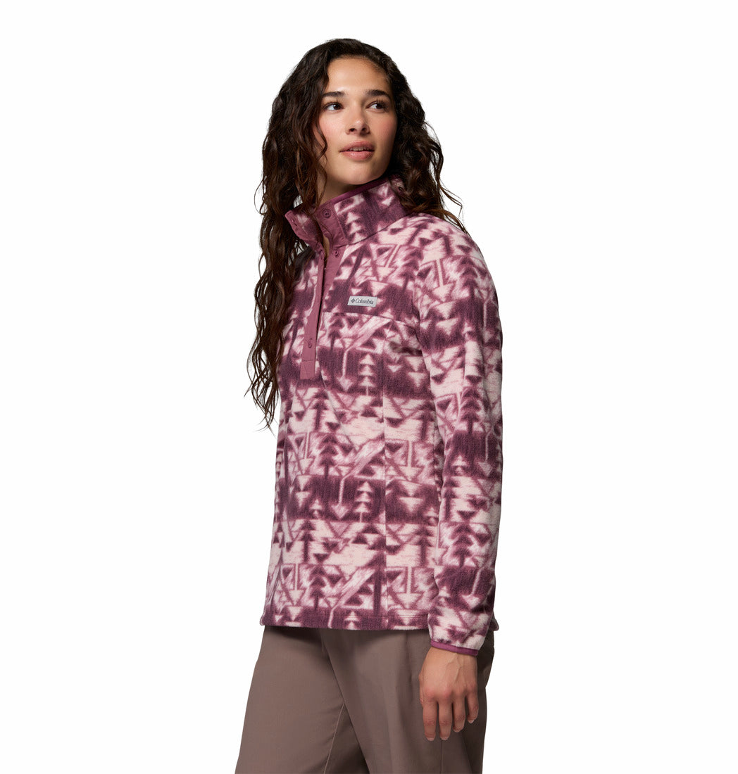 Columbia Womens Benton Springs Printed 1 / 2 Snap fleece in Antique Mauve, angled model view