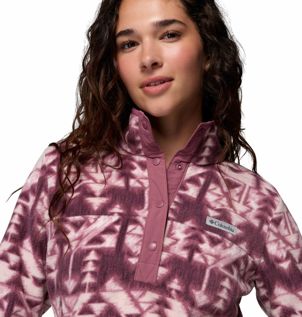 Columbia Womens Benton Springs Printed 1 / 2 Snap fleece in Antique Mauve, collar and logo detail