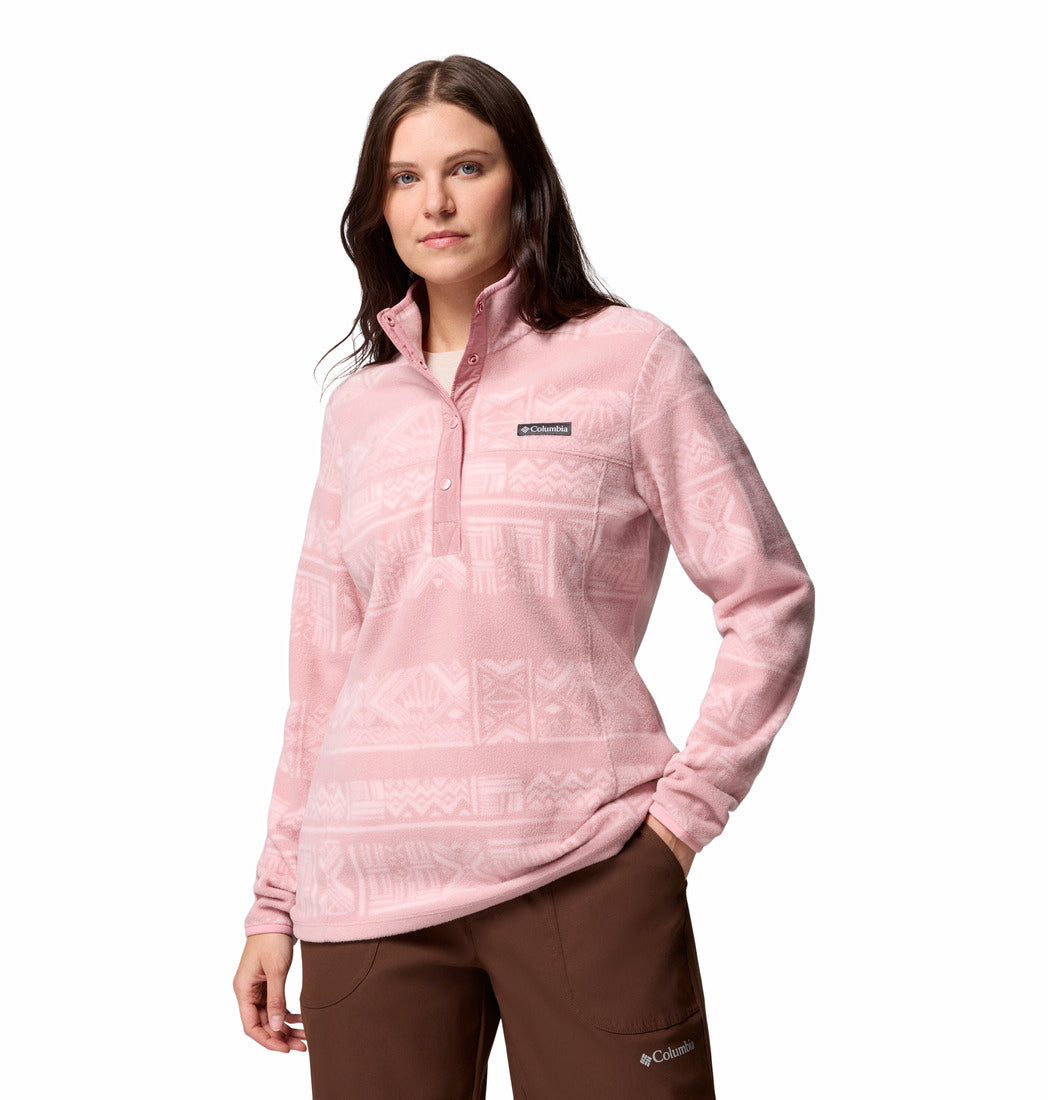 Woman wearing a pink fleece jacket with a brand logo on a white background
