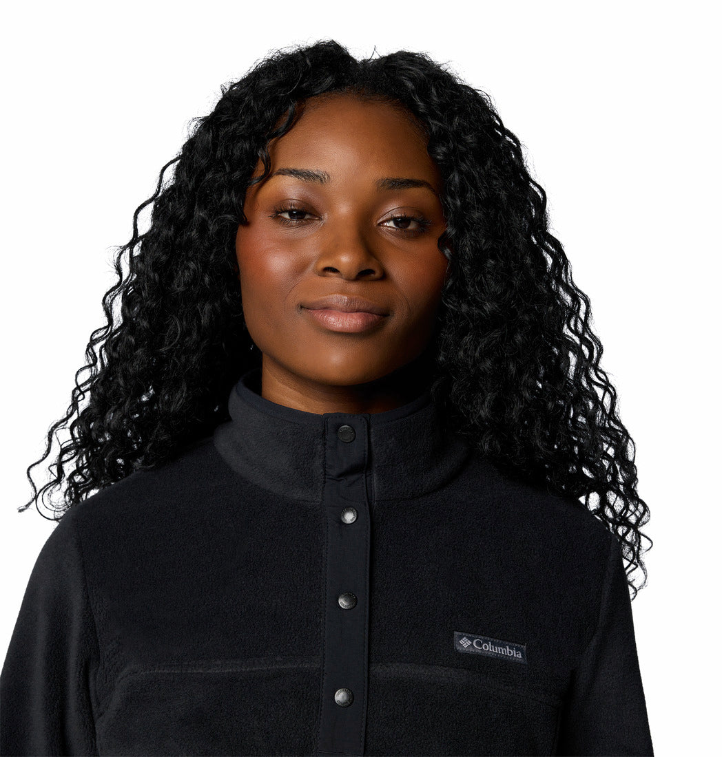 Person wearing a black Columbia jacket on a white background
