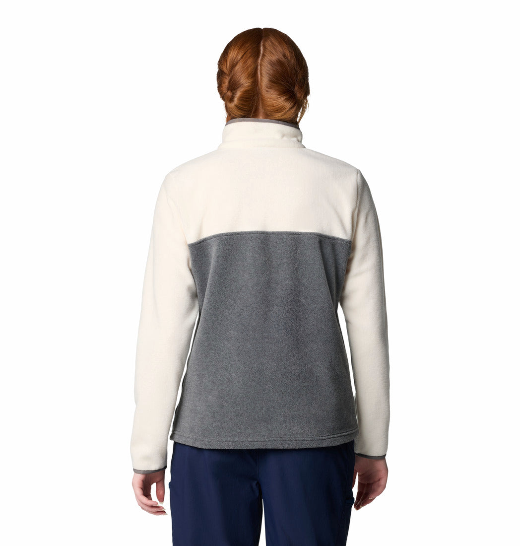 Person wearing a two-tone fleece jacket on a white background