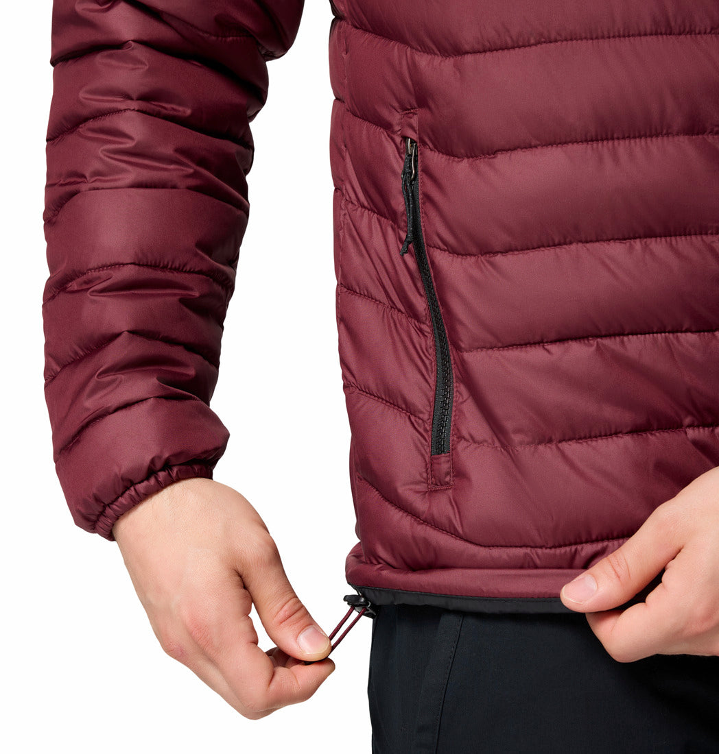 Close-up of a person wearing a maroon puffer jacket with a white background