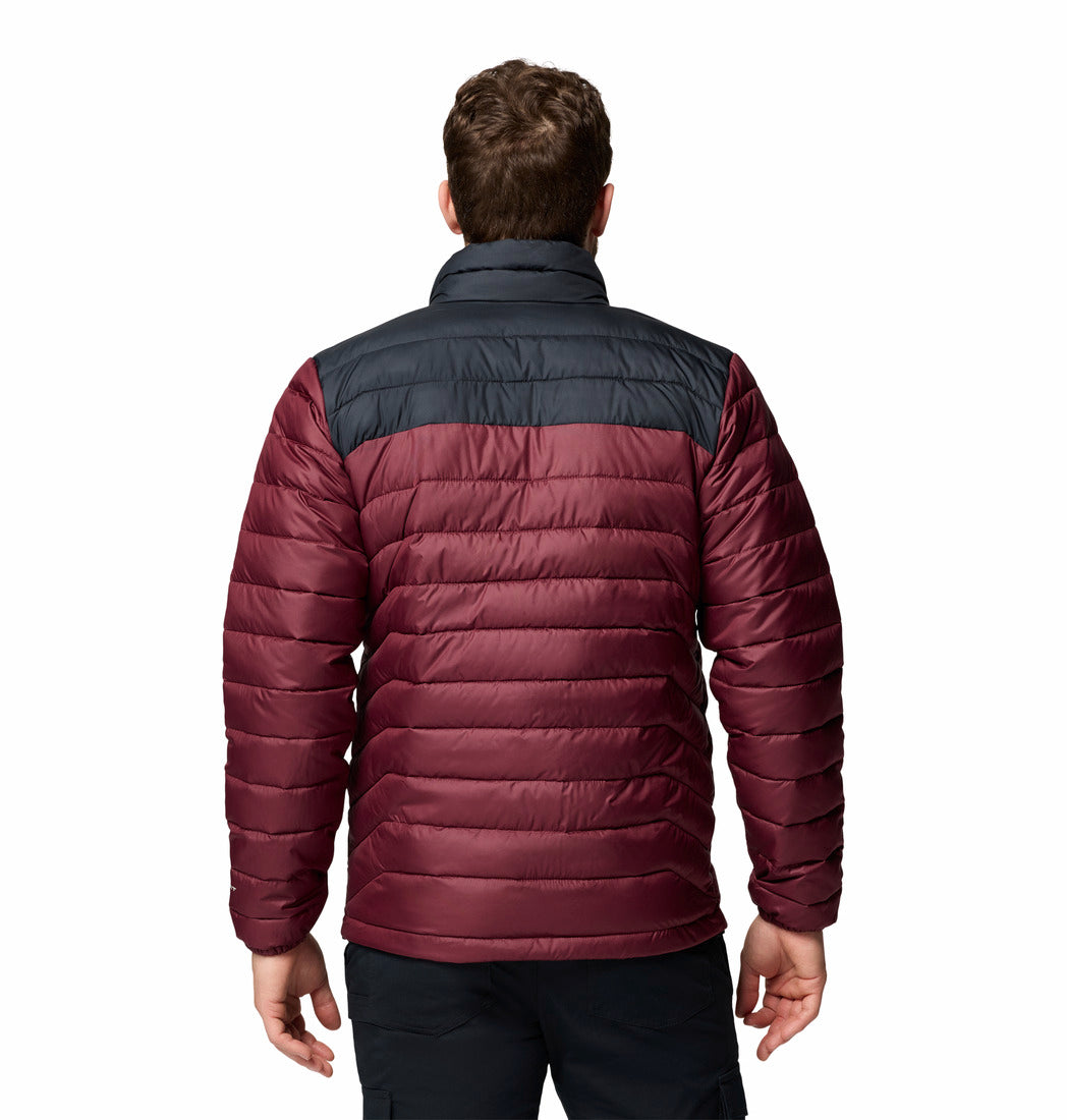 Maroon and black puffer jacket worn by a person on a white background