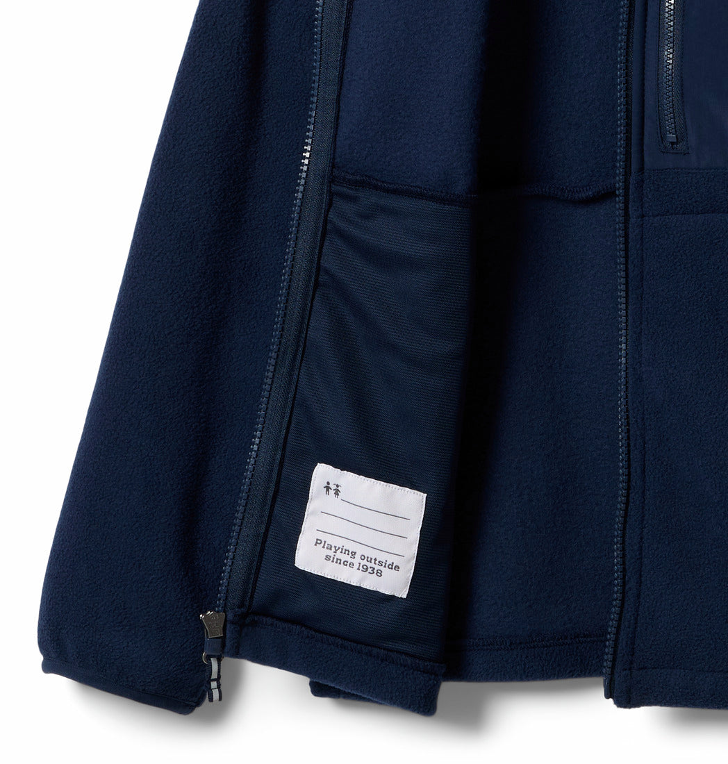 Navy jacket with a brand label on a white background