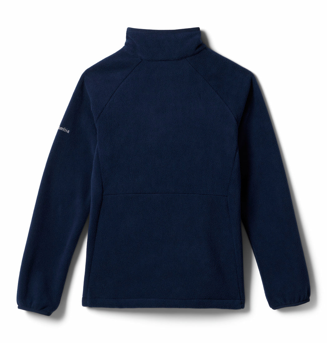 Navy blue fleece pullover with a brand logo on the chest against a white background