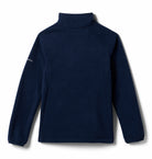 Navy blue fleece pullover with a brand logo on the chest against a white background
