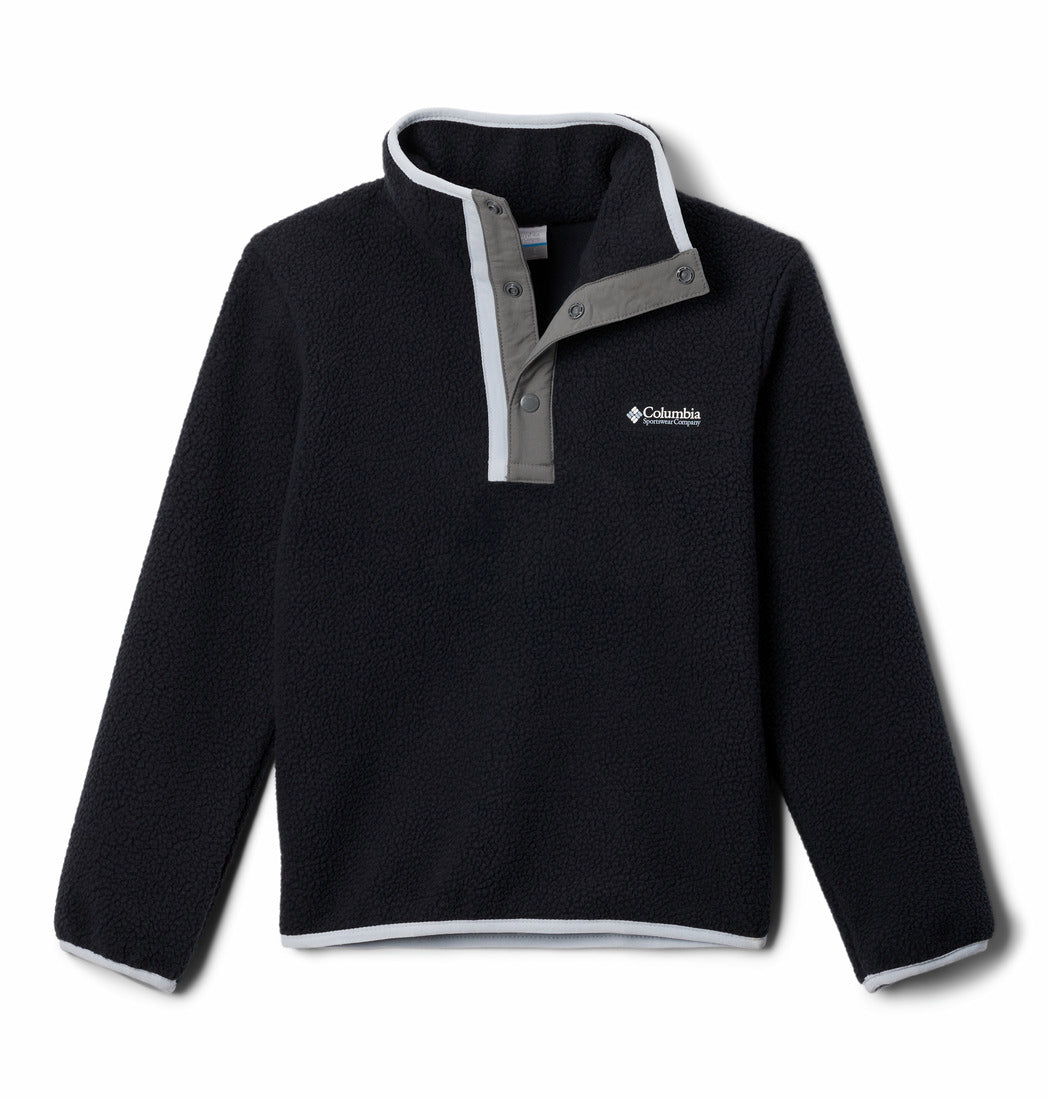 Columbia Boys Helvetia II Half Snap Fleece in Black City Grey, front view showing quarter - snap placket, grey trim and chest logo