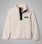 Beige fleece pullover with black collar on a gray background