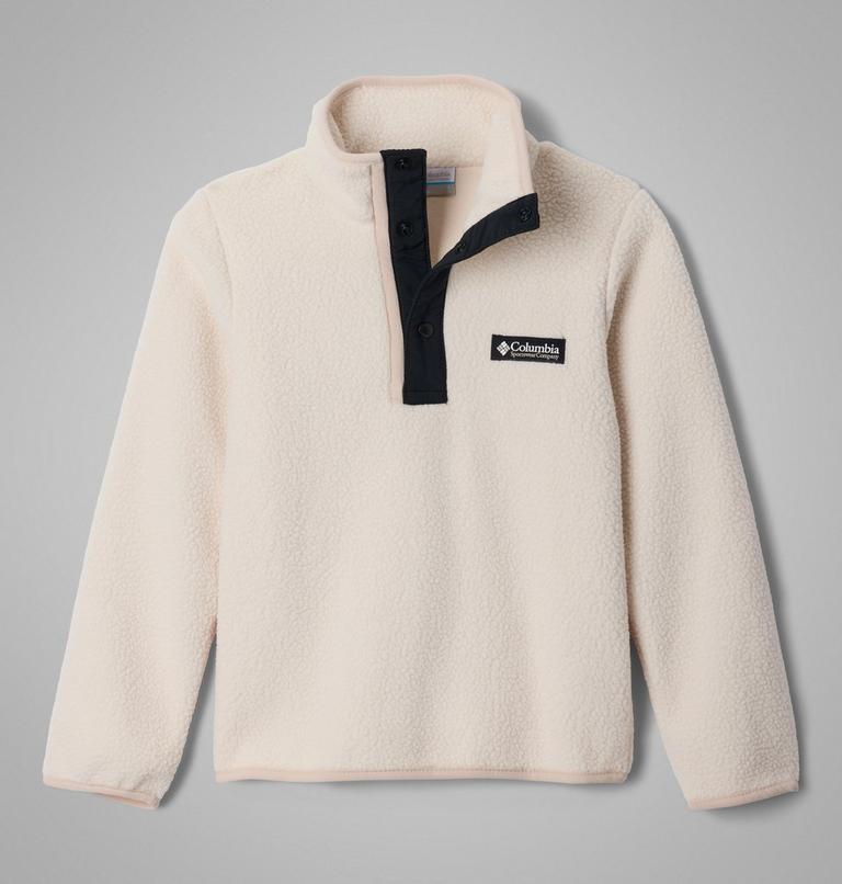 Beige fleece pullover with black collar on a gray background