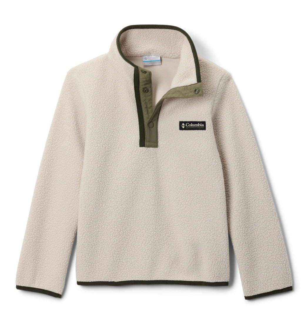 Beige fleece pullover with green collar and Columbia logo on a white background