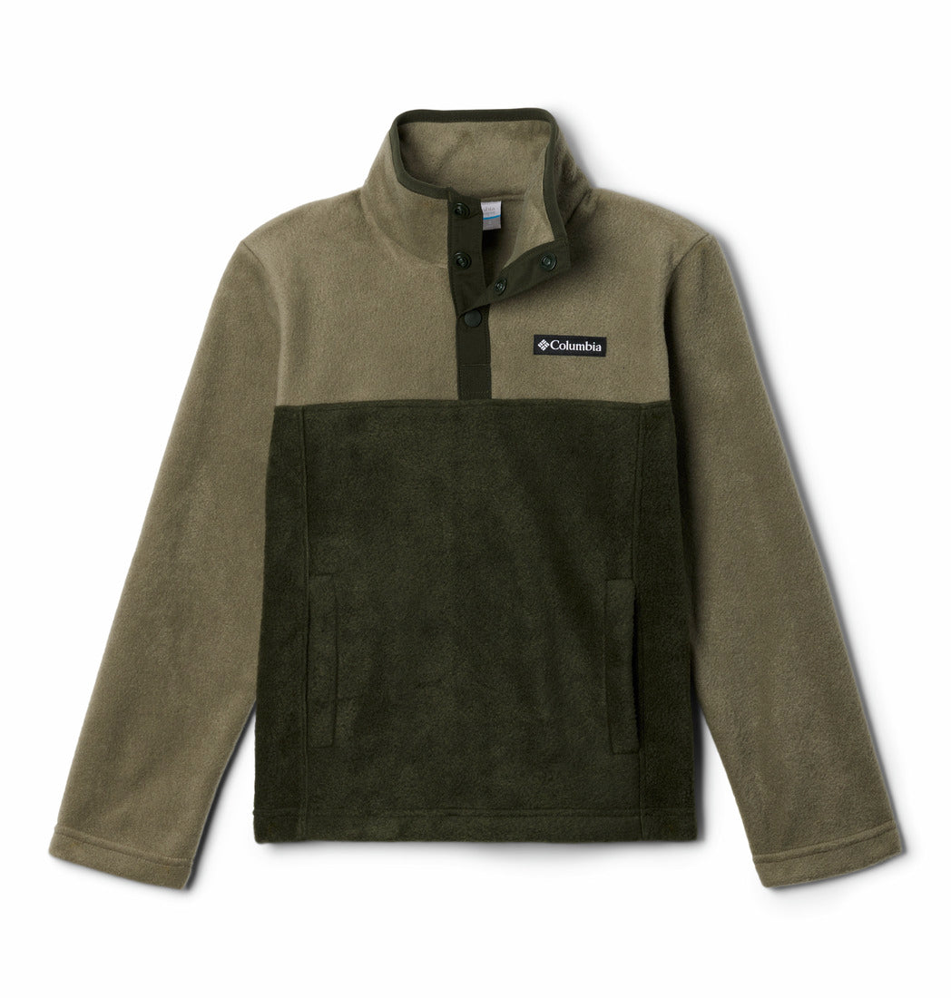 Columbia Boys Steens Mtn II 1 / 4 snap fleece pullover in Greenscape Stone, front view.