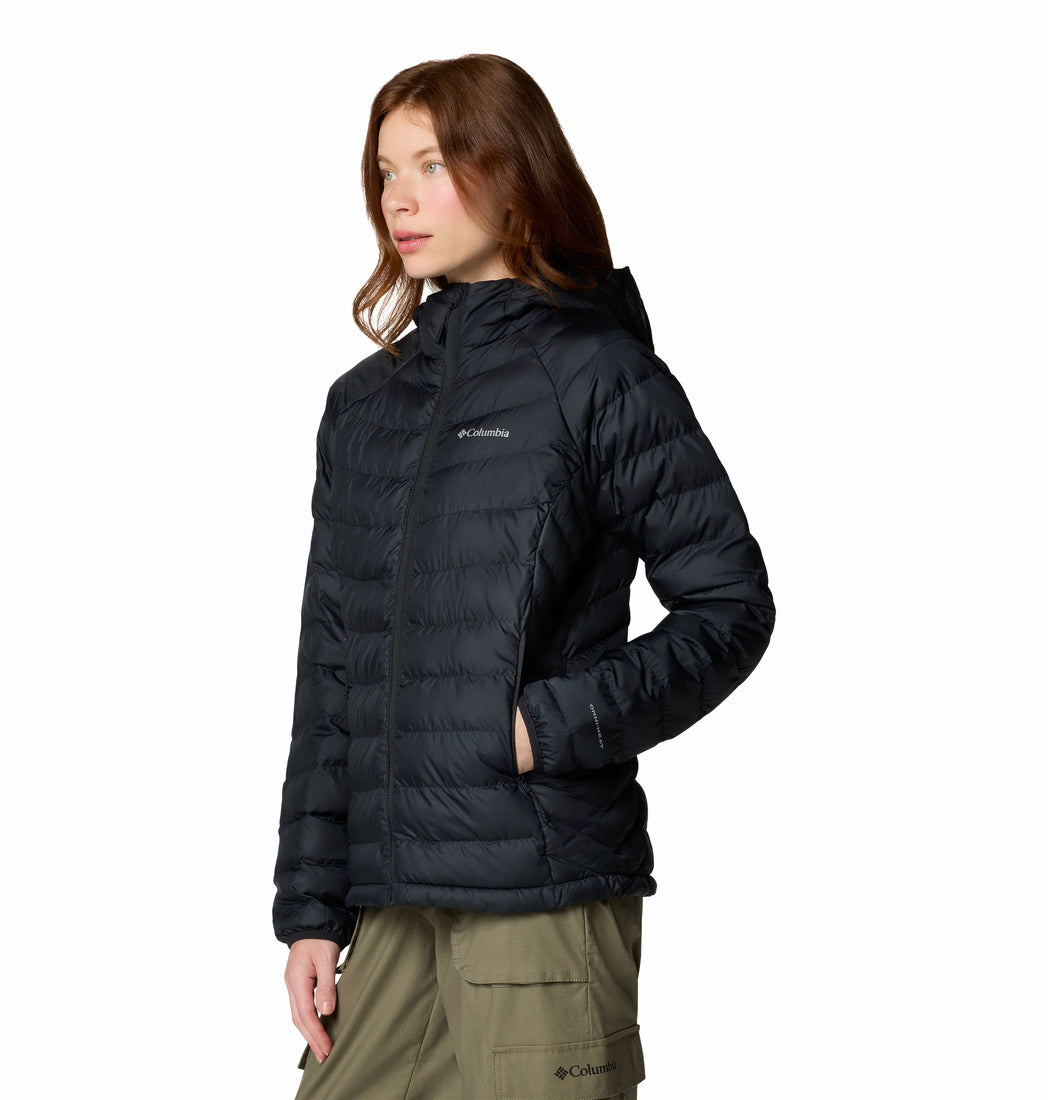 Person wearing a black Columbia jacket on a white background